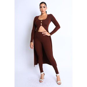 Women's Casual Brown Long Button Open Front Top & Matching Leggings 2 Piece Set